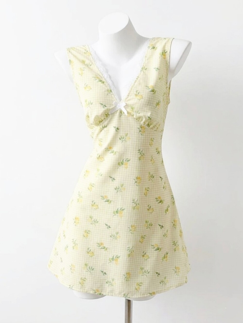 Lemon Gingham Tie Back Mini Dress Size Medium NWOT